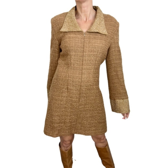 Vintage 60s Mod tan camel boucle tweed long sleeve front zip mini dress S - Picture 3 of 14